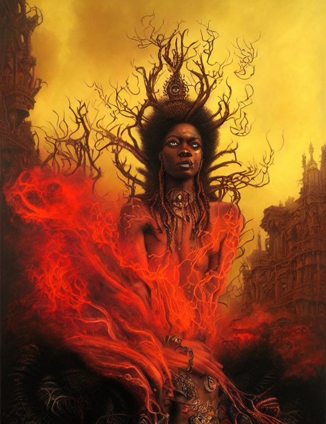 Mystical figure in fiery red attire with intricate headpiece on gothic backdrop