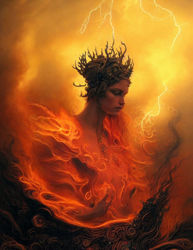 Majestic phoenix-like figure with crown of branches in fiery setting