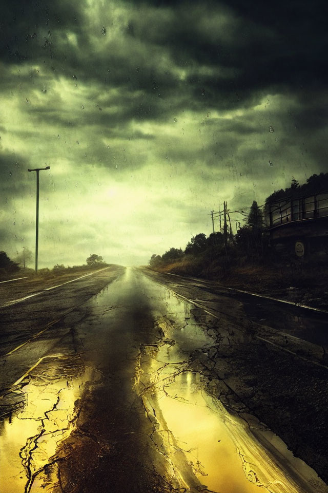 Desolate cracked asphalt road under stormy sky and foreboding atmosphere