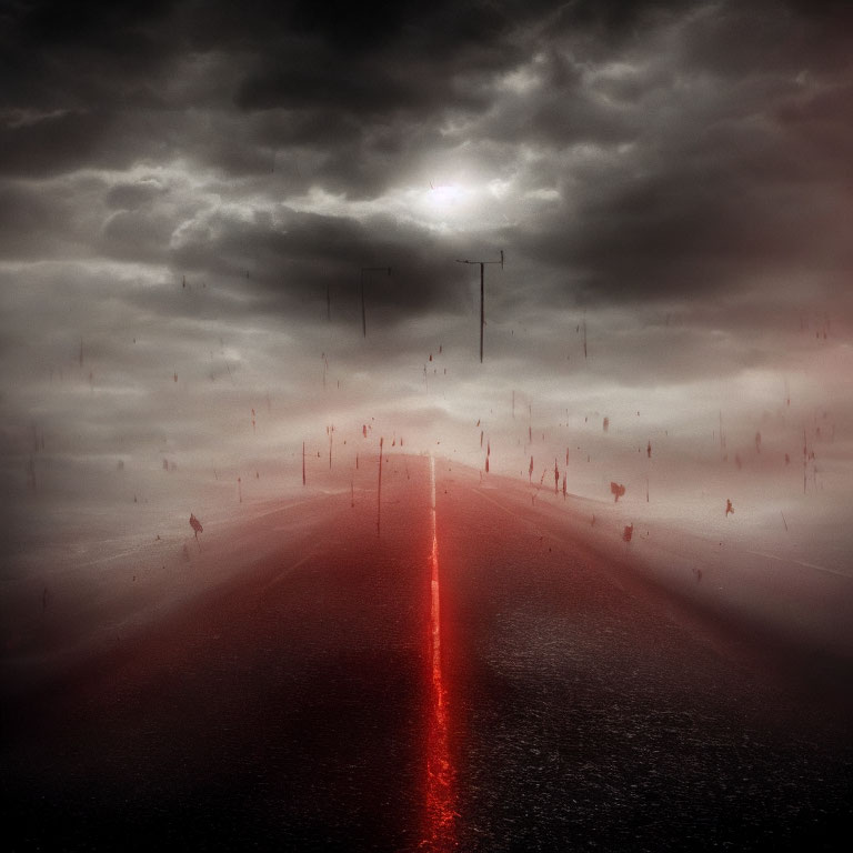 Desolate road under stormy sky with red streak and distant figures