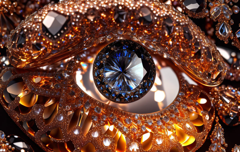 Sparkling jeweled structure with blue gem eye on dark background