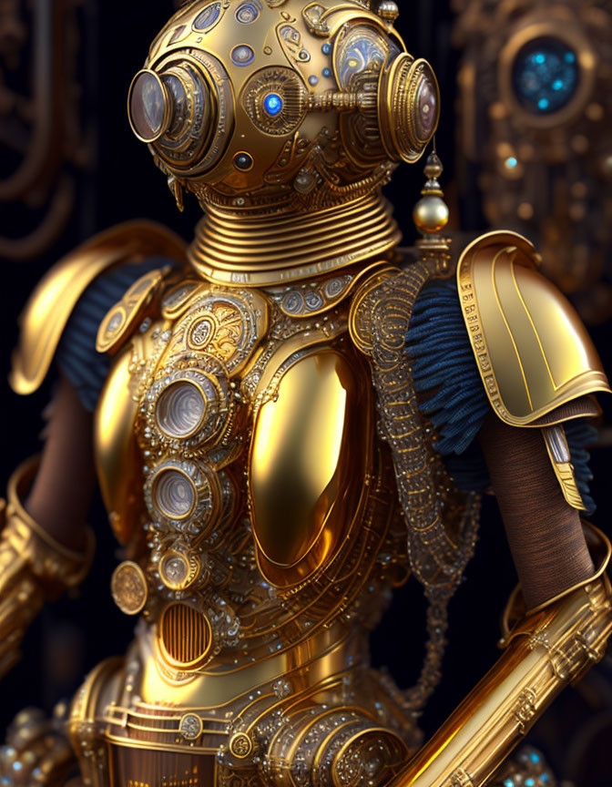 Steampunk robot with gold gears, blue eyes, and armored torso