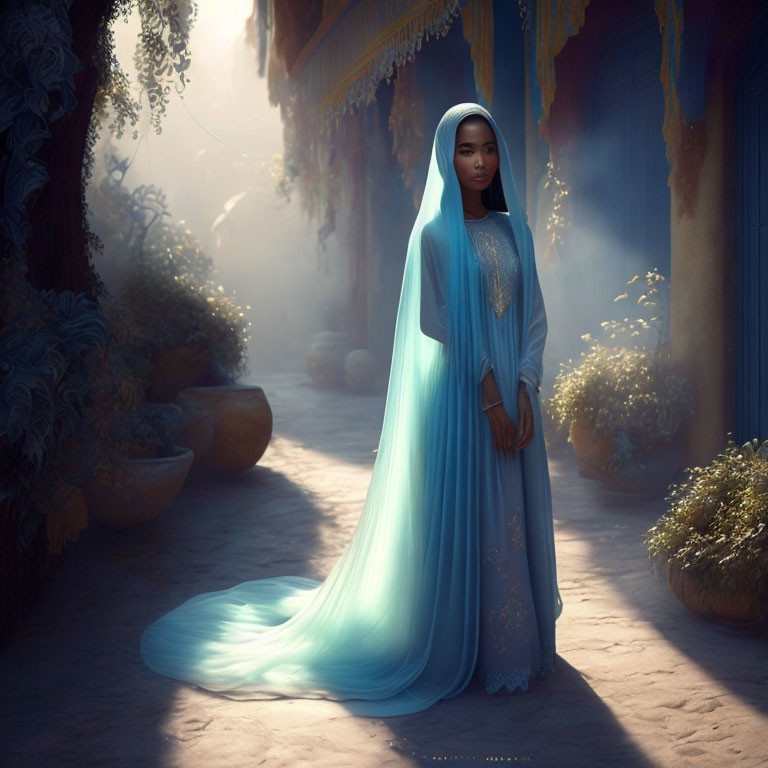 Woman in Blue Gown in Mystical Sunlit Alley