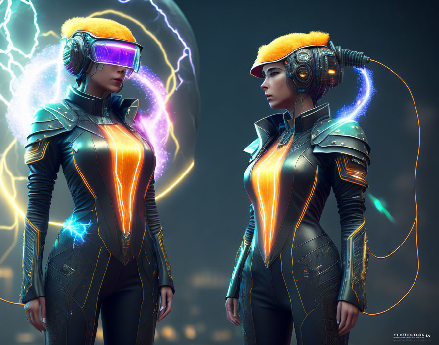 Futuristic female figures in sleek armors with glowing elements