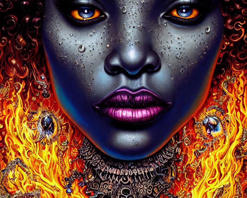 Woman with Blue Skin, Orange Eyes, and Fiery Hair in Mystical Portrait