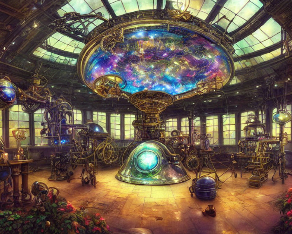 Steampunk-style observatory with cosmic display and intricate machinery