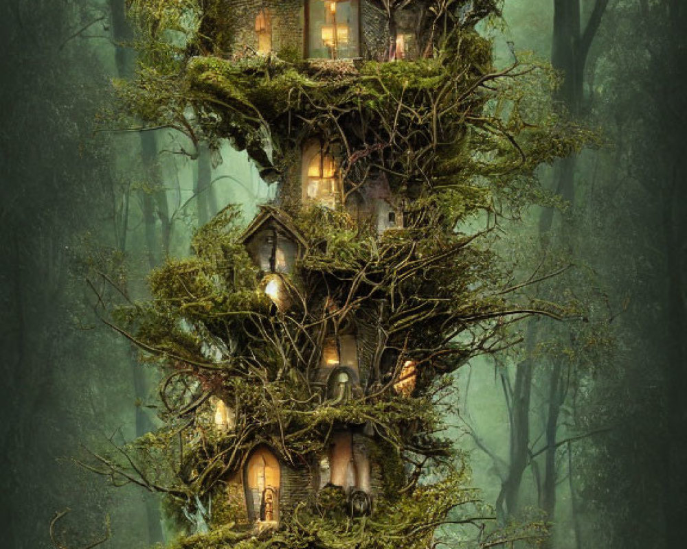 Misty forest scene: Glowing multi-story treehouse nestled among twisted trees