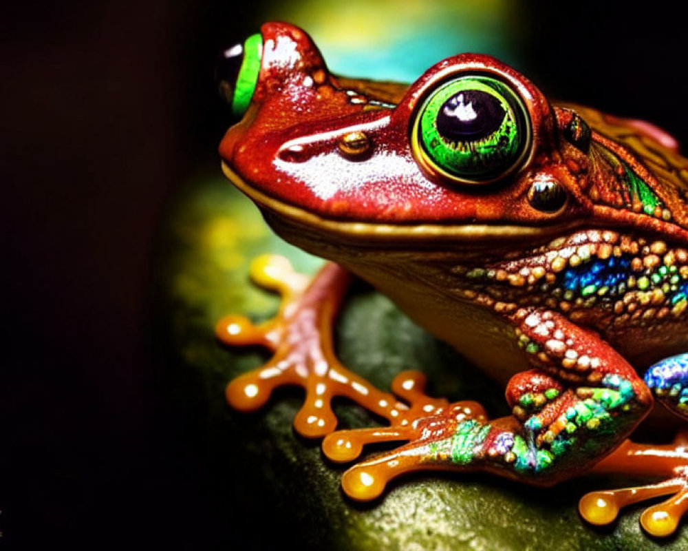 Colorful Frog with Green Eyes on Leaf Displaying Textured Skin & Webbed Feet