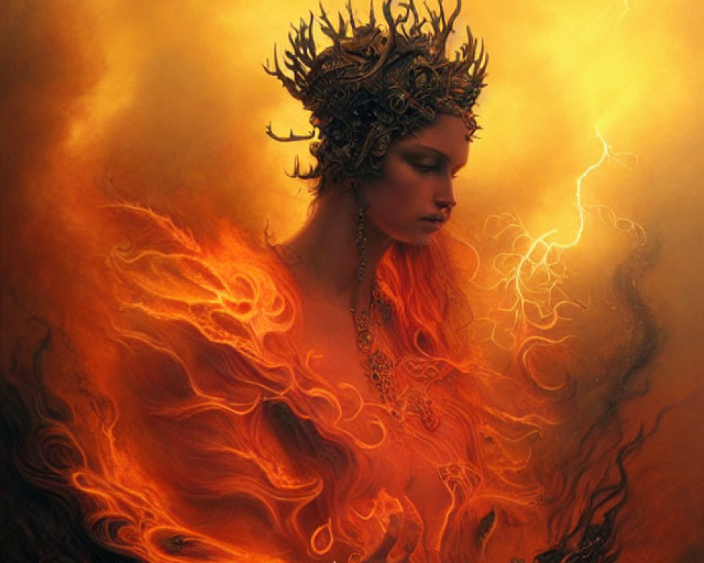 Majestic phoenix-like figure with crown of branches in fiery setting