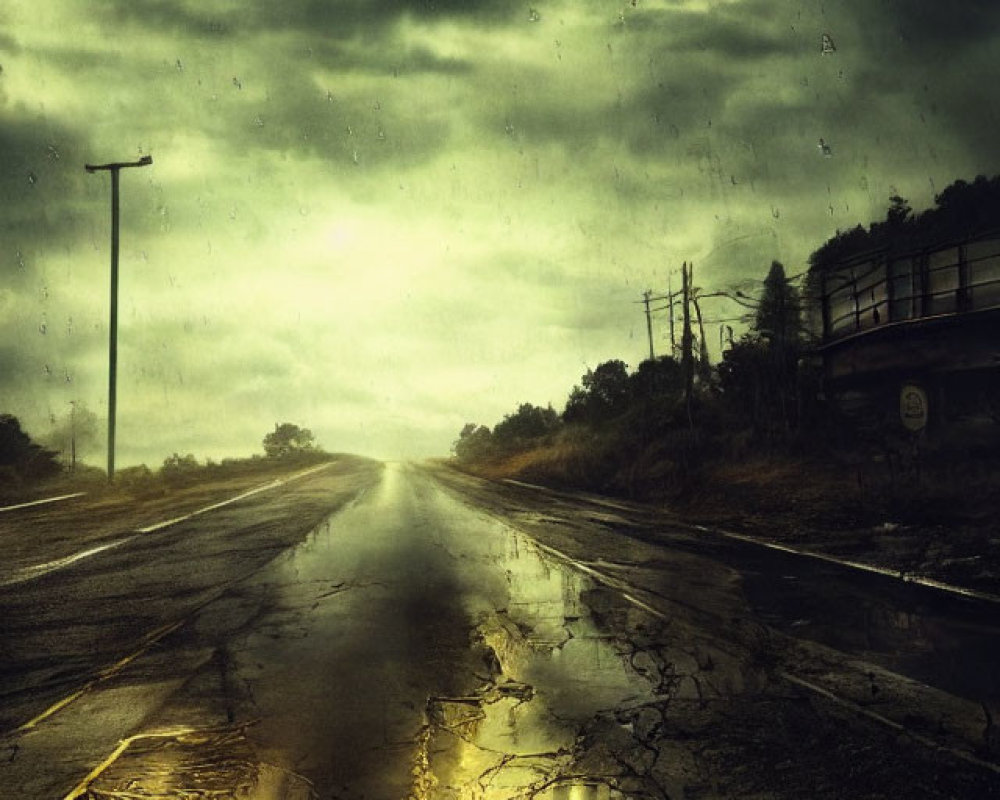 Desolate cracked asphalt road under stormy sky and foreboding atmosphere