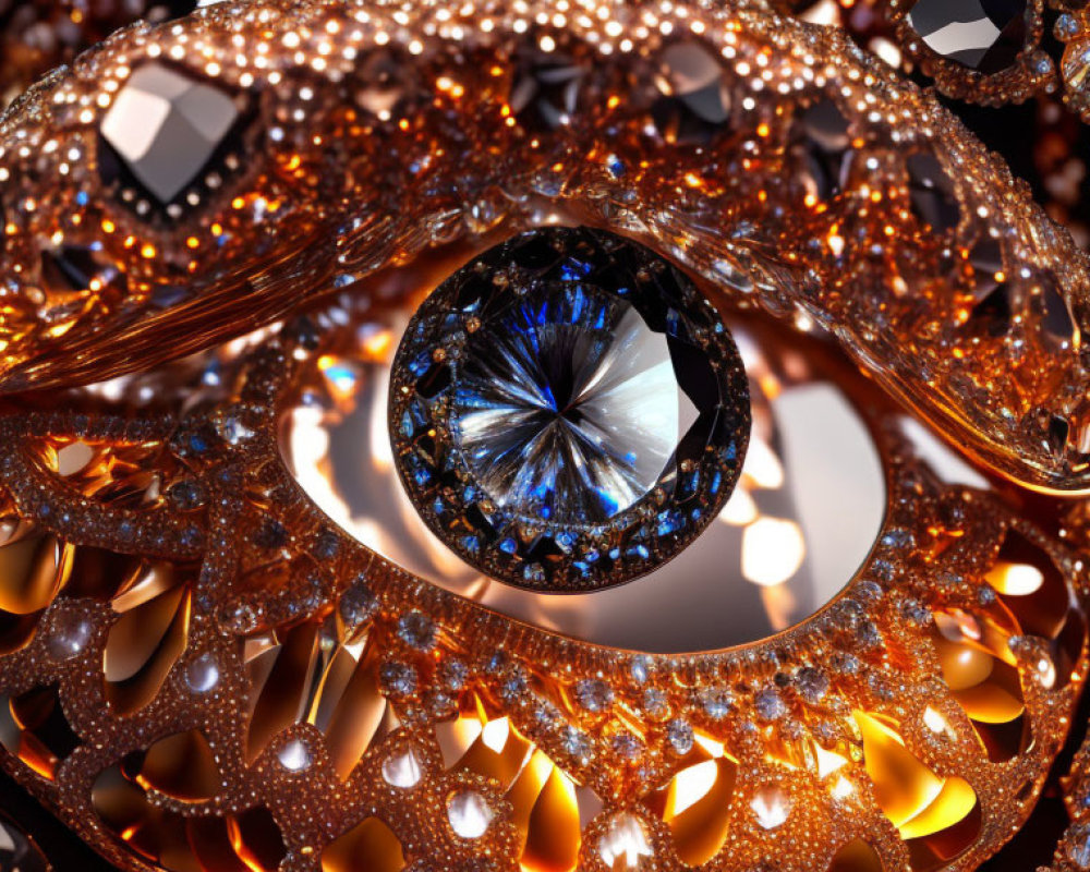 Sparkling jeweled structure with blue gem eye on dark background