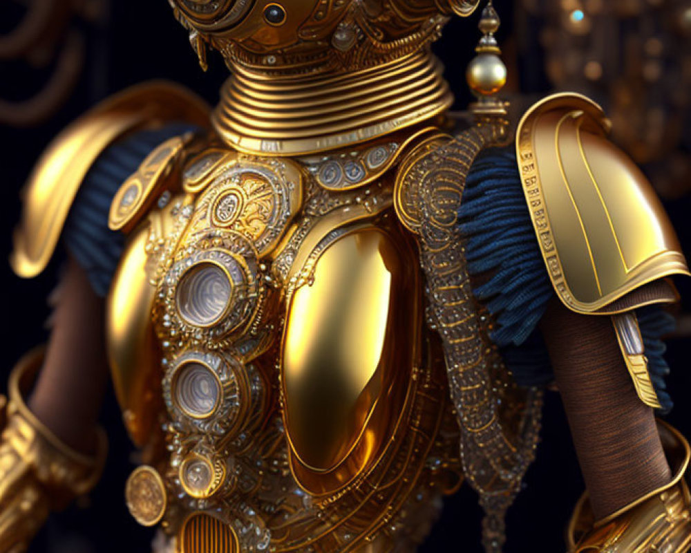 Steampunk robot with gold gears, blue eyes, and armored torso