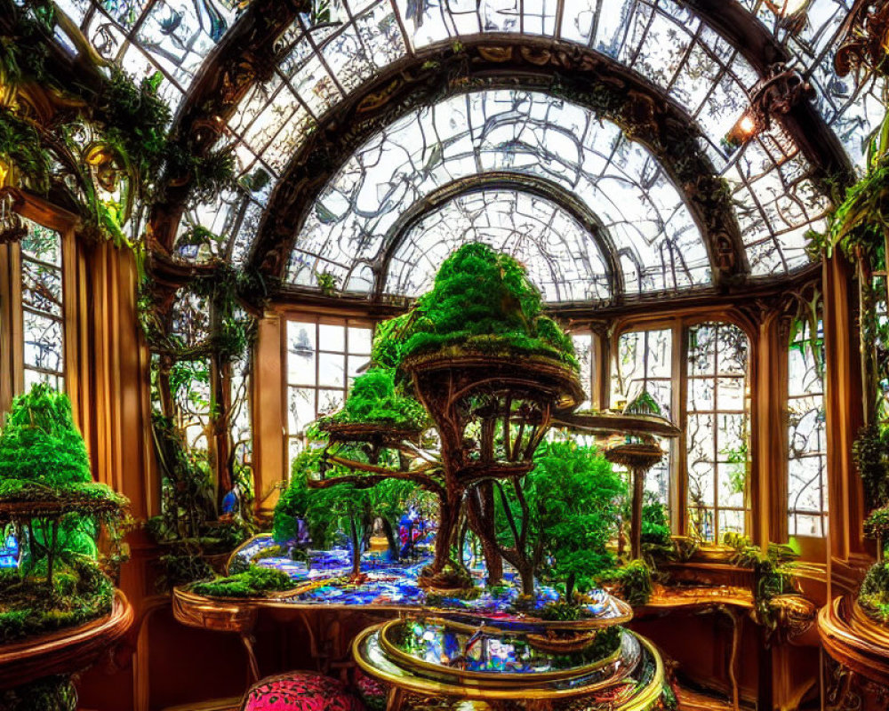 Opulent indoor garden with topiary and ornate glass ceiling