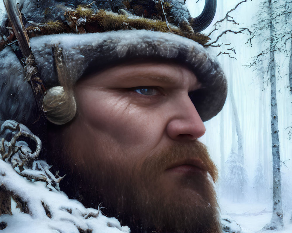 Bearded individual in fur clothing and horned helmet in snowy forest