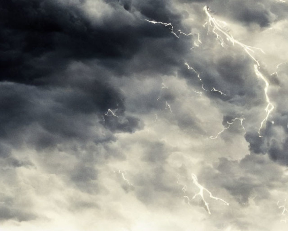 Desolate straight road under stormy sky with lightning bolts