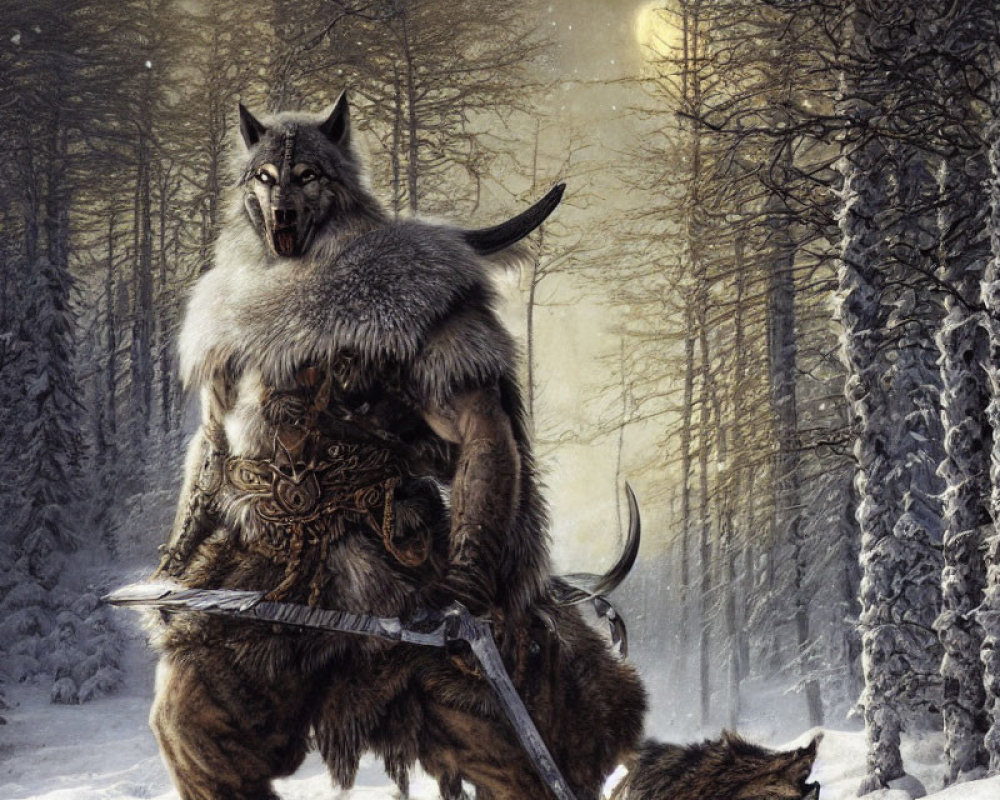 Anthropomorphic wolf warrior with sword in snowy forest, accompanied by two wolves