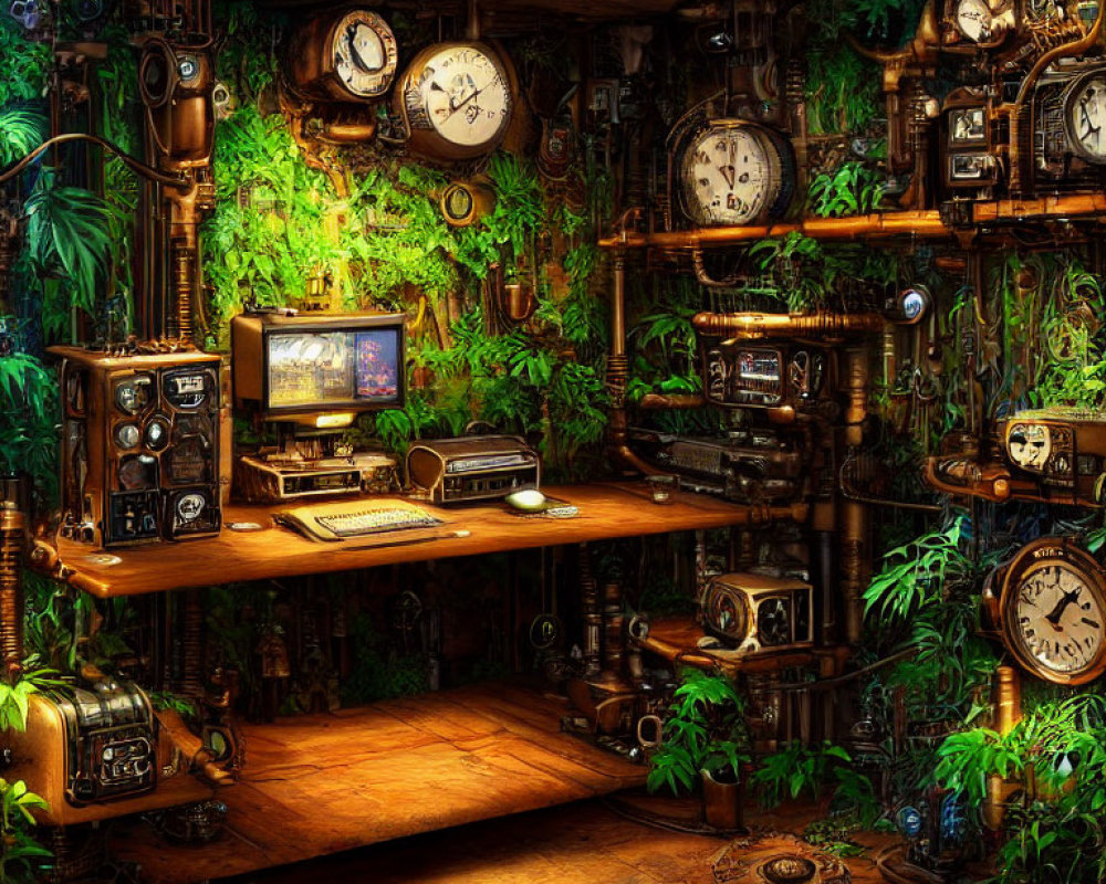 Vintage Room with Clocks, Radios, and Plants