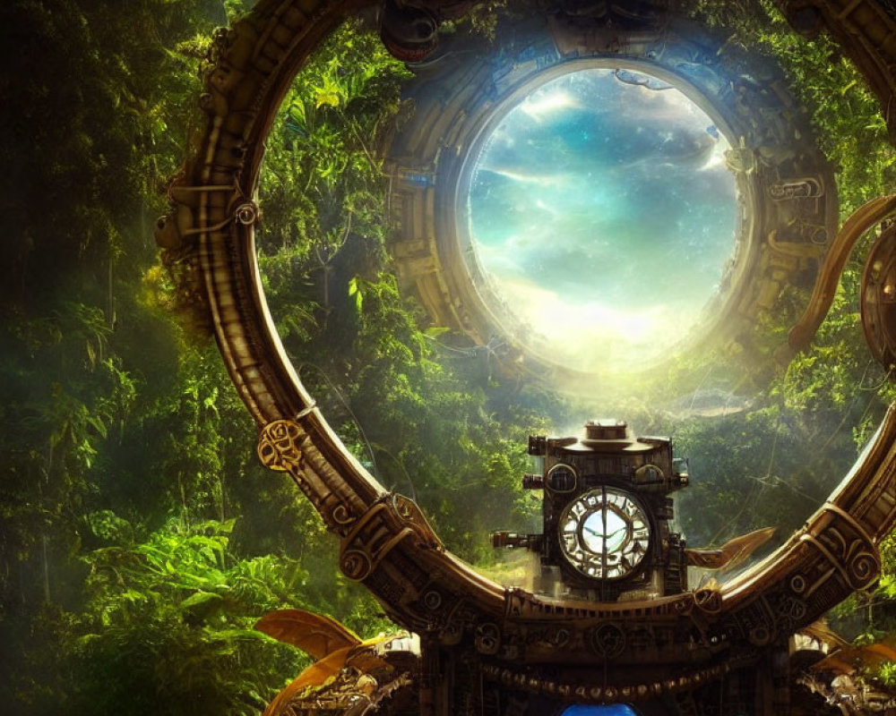 Mystical forest portal with bronze gears, central clock, lush greenery, and celestial light