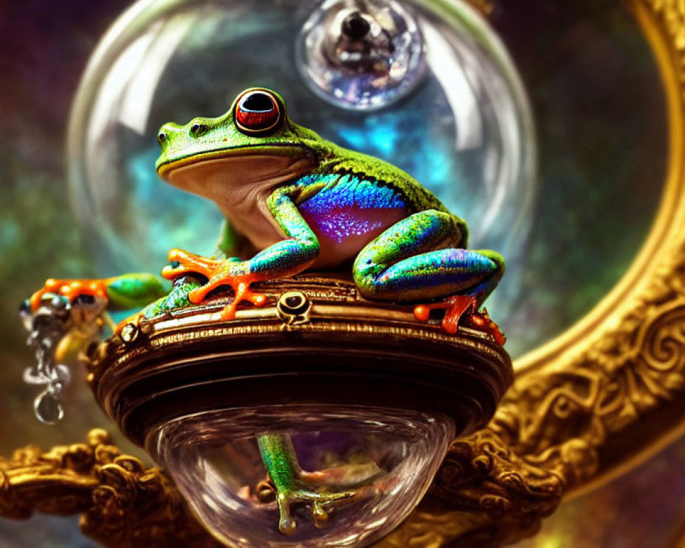 Colorful Frog on Metallic Structure Amid Mirrors and Bubbles