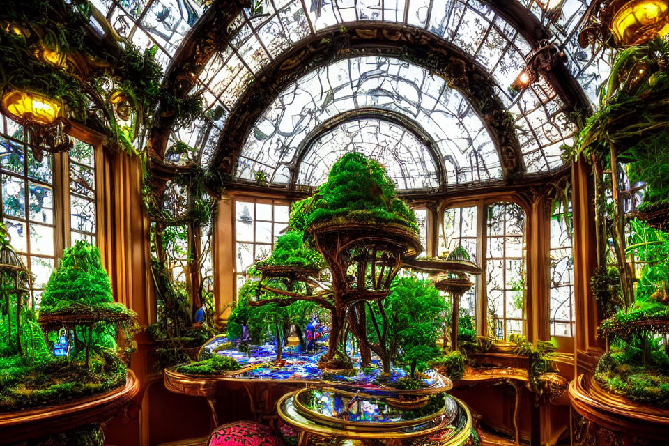 Opulent indoor garden with topiary and ornate glass ceiling