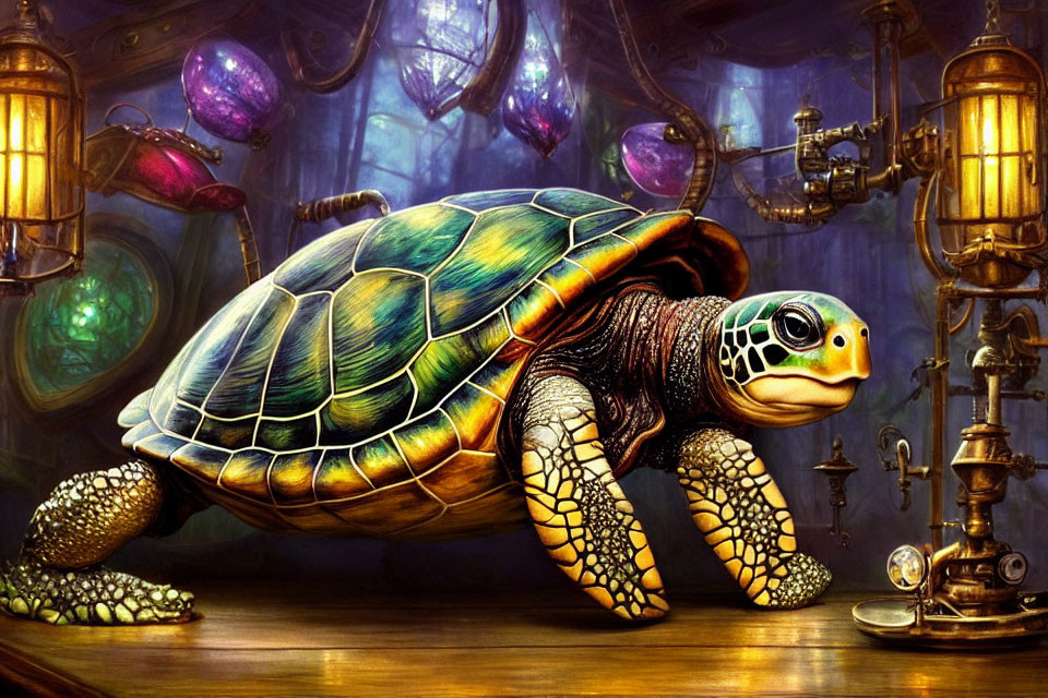 Colorful Steampunk Turtle Artwork with Glowing Orbs and Gears