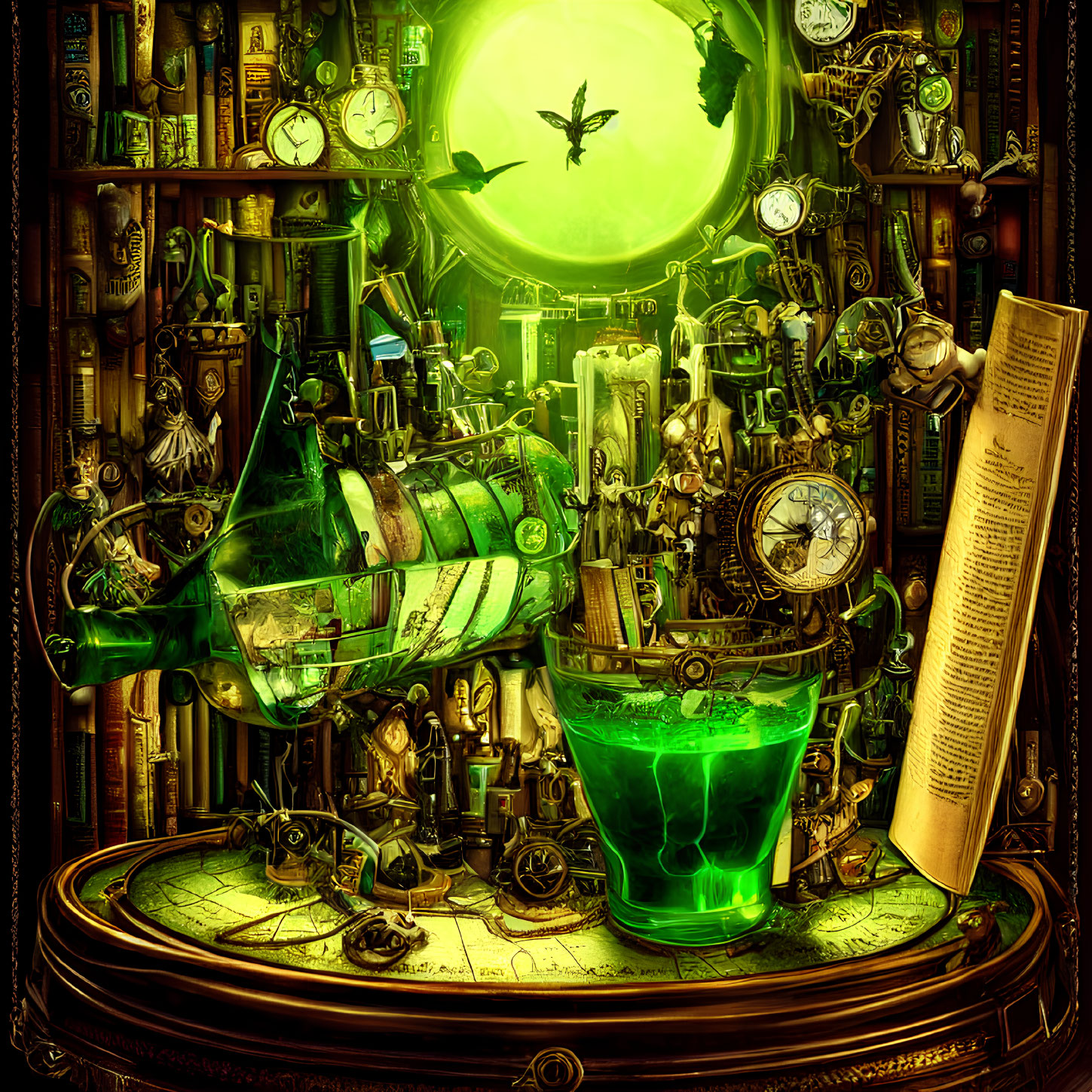 Steampunk laboratory with machinery, green liquid, gears, clocks, birds, and old scroll.