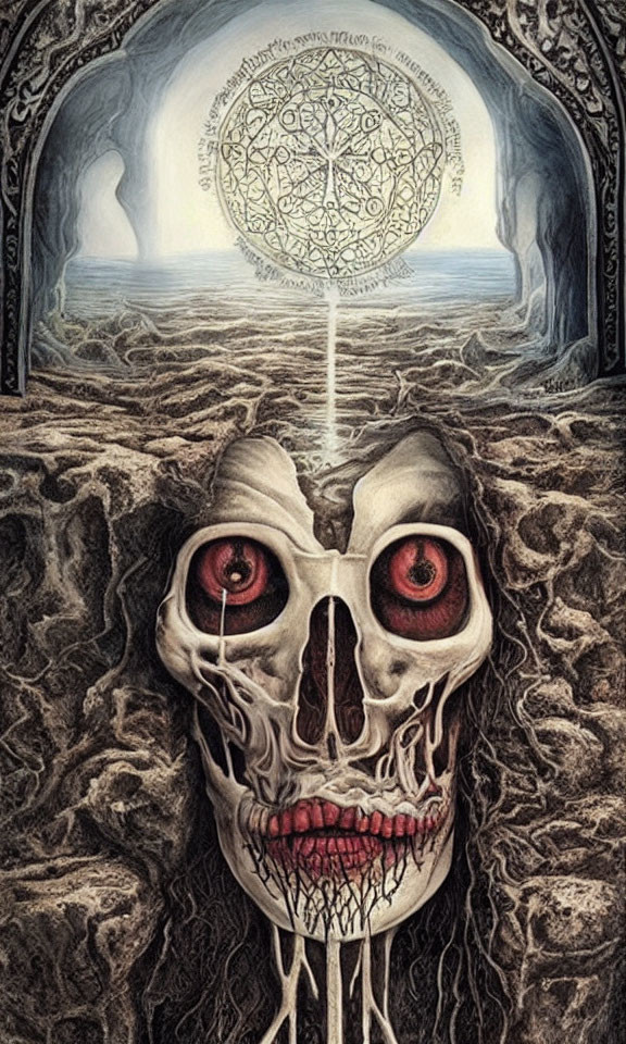 Surreal artwork of skull with glowing red eyes on barren ground