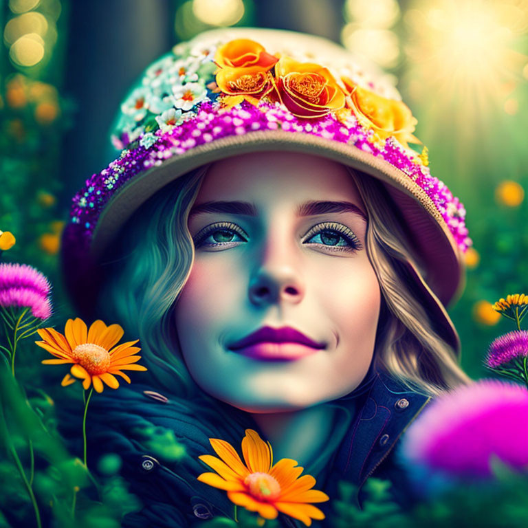 Woman with Blue Eyes and Floral Hat Surrounded by Orange Flowers and Sunlight