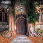 Steampunk-style underground room with round doors, gears, blue lights, greenery & ston