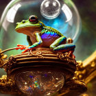 Colorful Frog on Metallic Structure Amid Mirrors and Bubbles