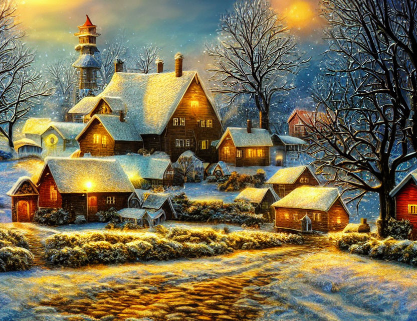 Snow-covered winter village with glowing lighthouse and starlit sky