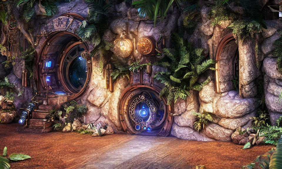 Steampunk-style underground room with round doors, gears, blue lights, greenery & ston