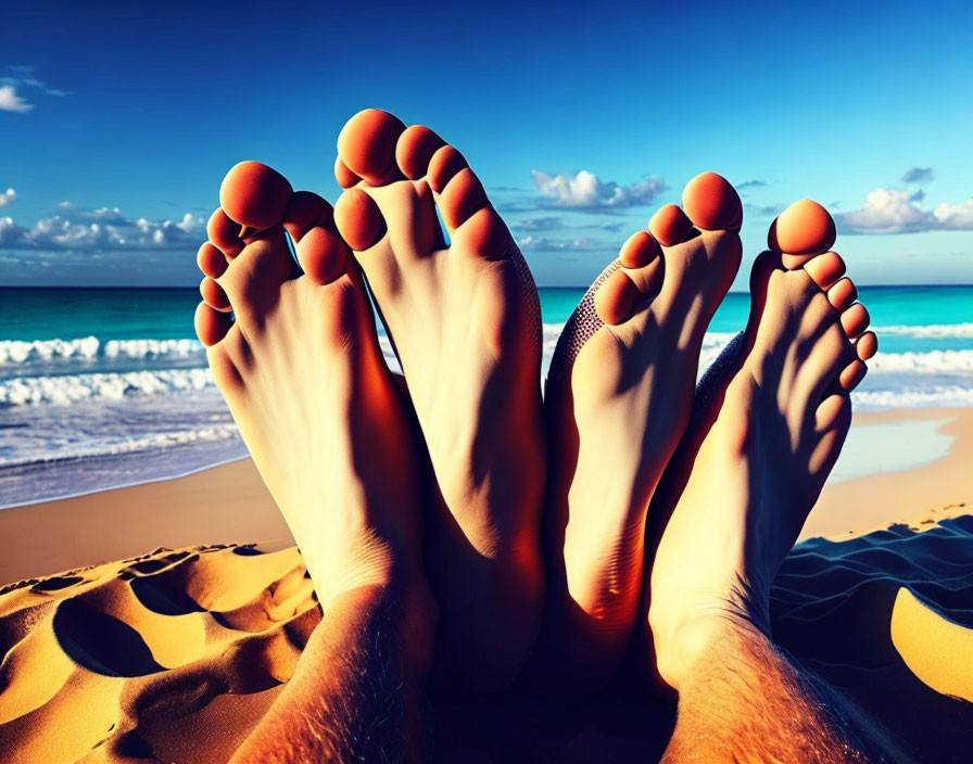 Bare feet on sandy beach with ocean and blue sky