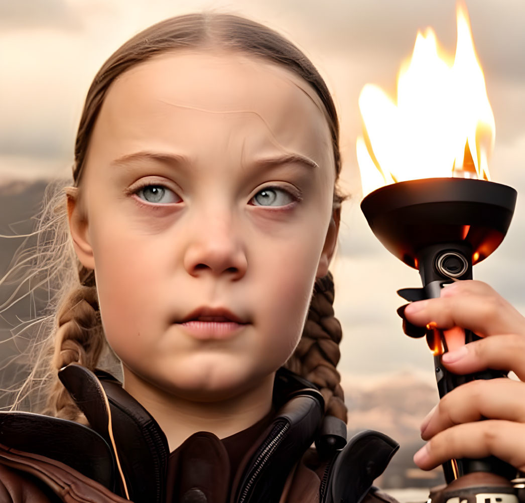 Young girl with braided hair holding lit torch against cloudy backdrop