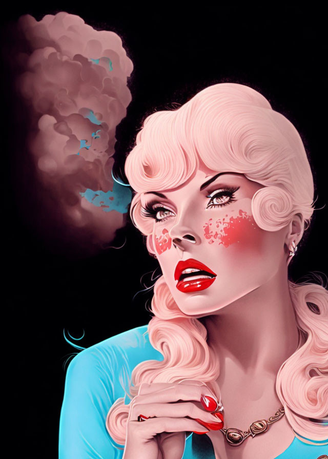 Illustration of woman with pink hair and red lips exhaling smoke on black background