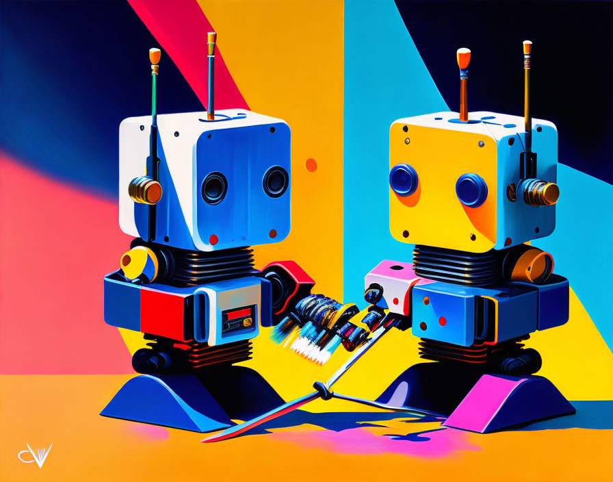 Colorful Stylized Robots Face Off in Vibrant Geometric Setting