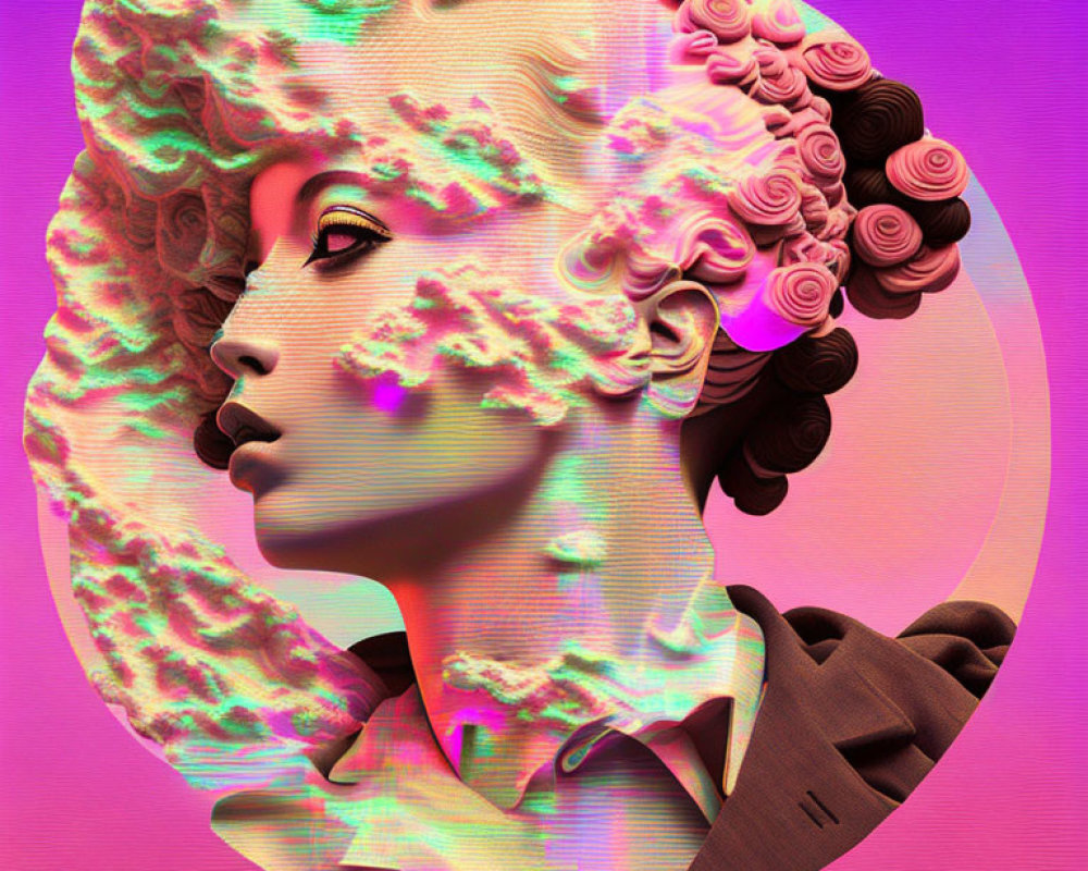 Surreal portrait blending classic sculpture with modern pastel clouds on female figure.