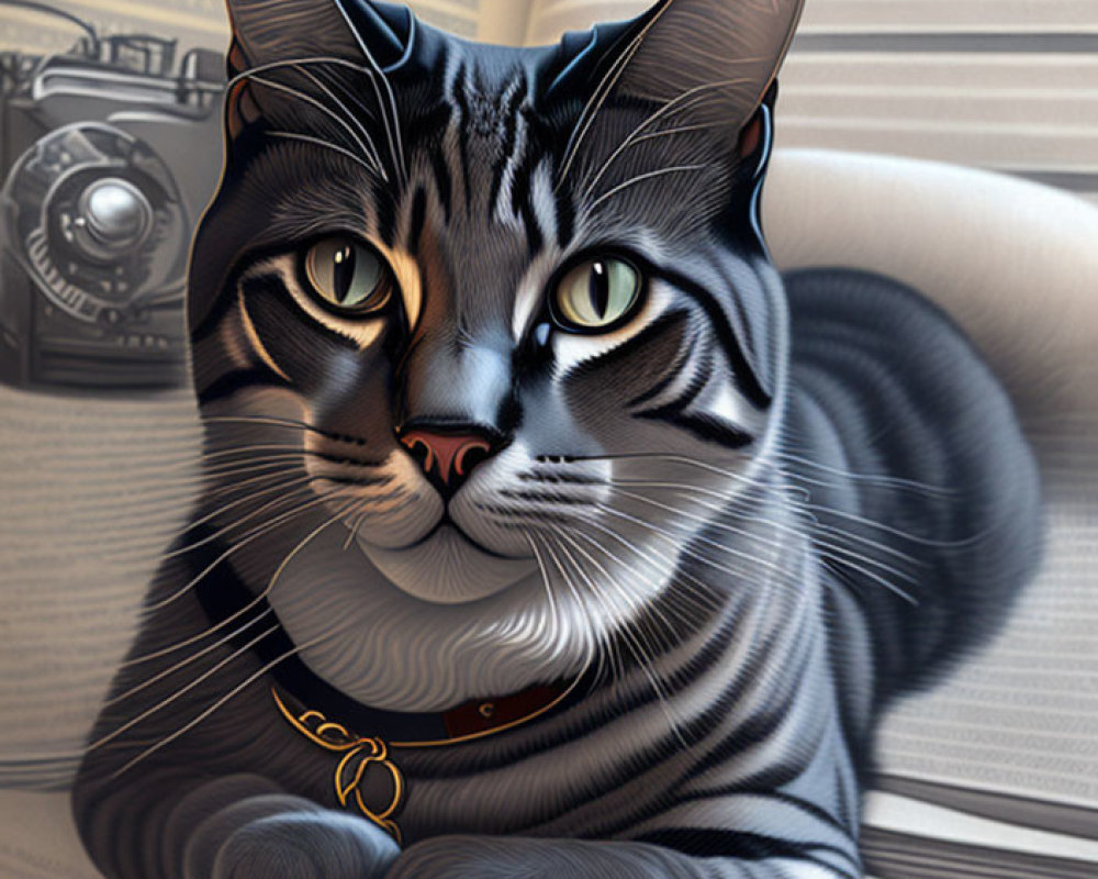 Realistic Tabby Cat Digital Artwork with Green Eyes on Open Book & Camera