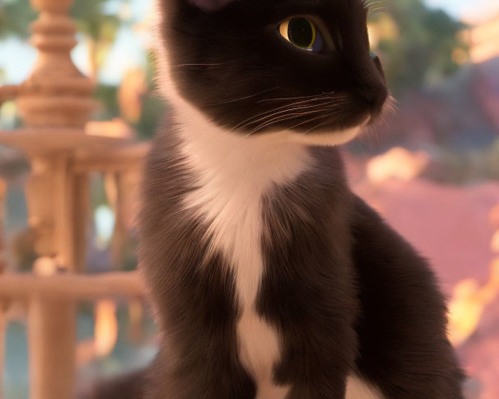 Black and White Animated Cat with Green Eyes on Balcony Overlooking Desert