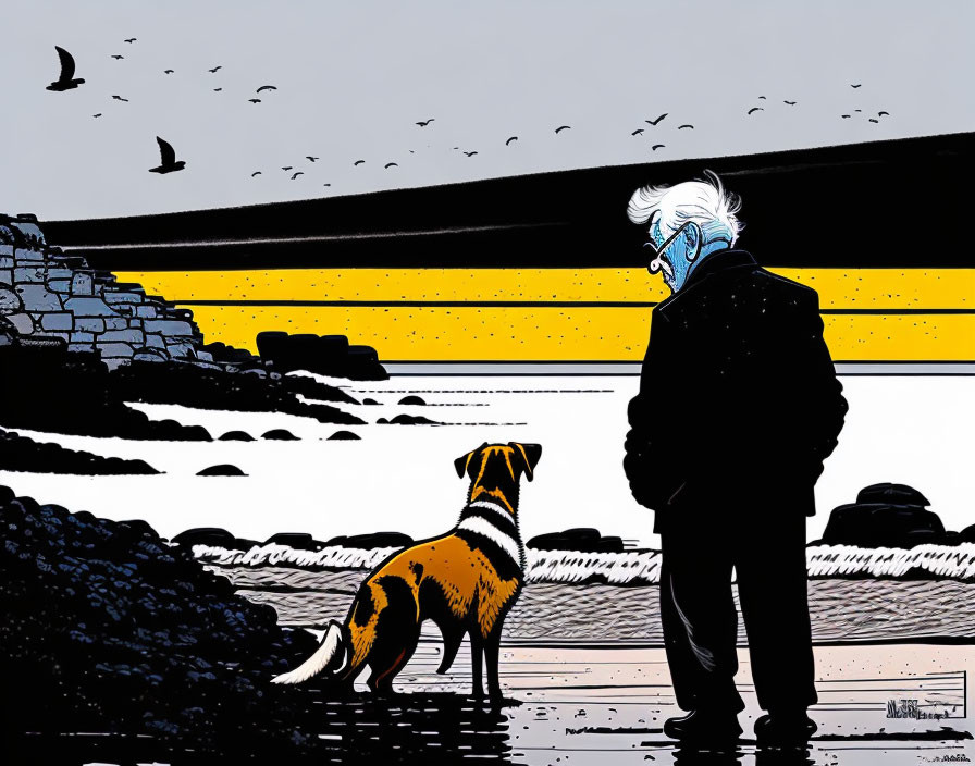 Stylized illustration of person with white hair and dog on beach with birds and bold stripes