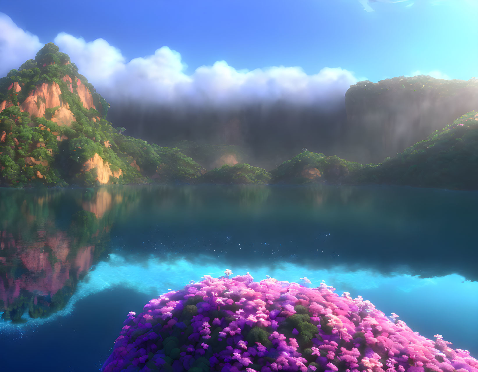 Scenic green cliffs, waterfalls, and pink flowers by serene lake