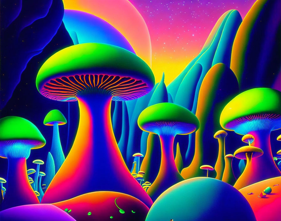 Colorful Psychedelic Landscape with Glowing Mushrooms and Neon Night Sky