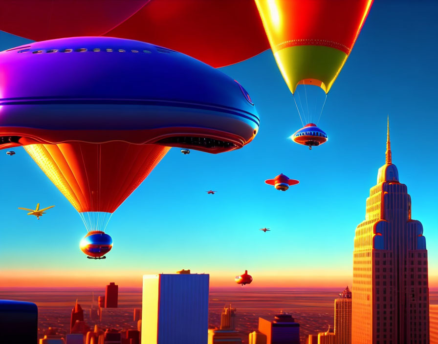 Vibrant hot air balloons and futuristic flying vehicles over city skyline at sunrise/sunset