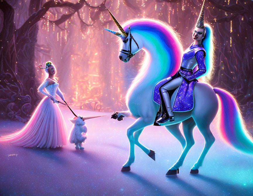 Fantasy-themed illustration of figures with unicorns in magical forest