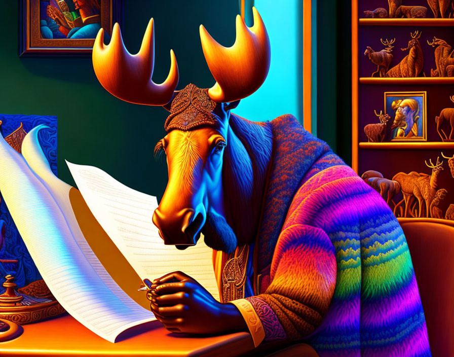 Anthropomorphic moose reading at desk in moose-themed room