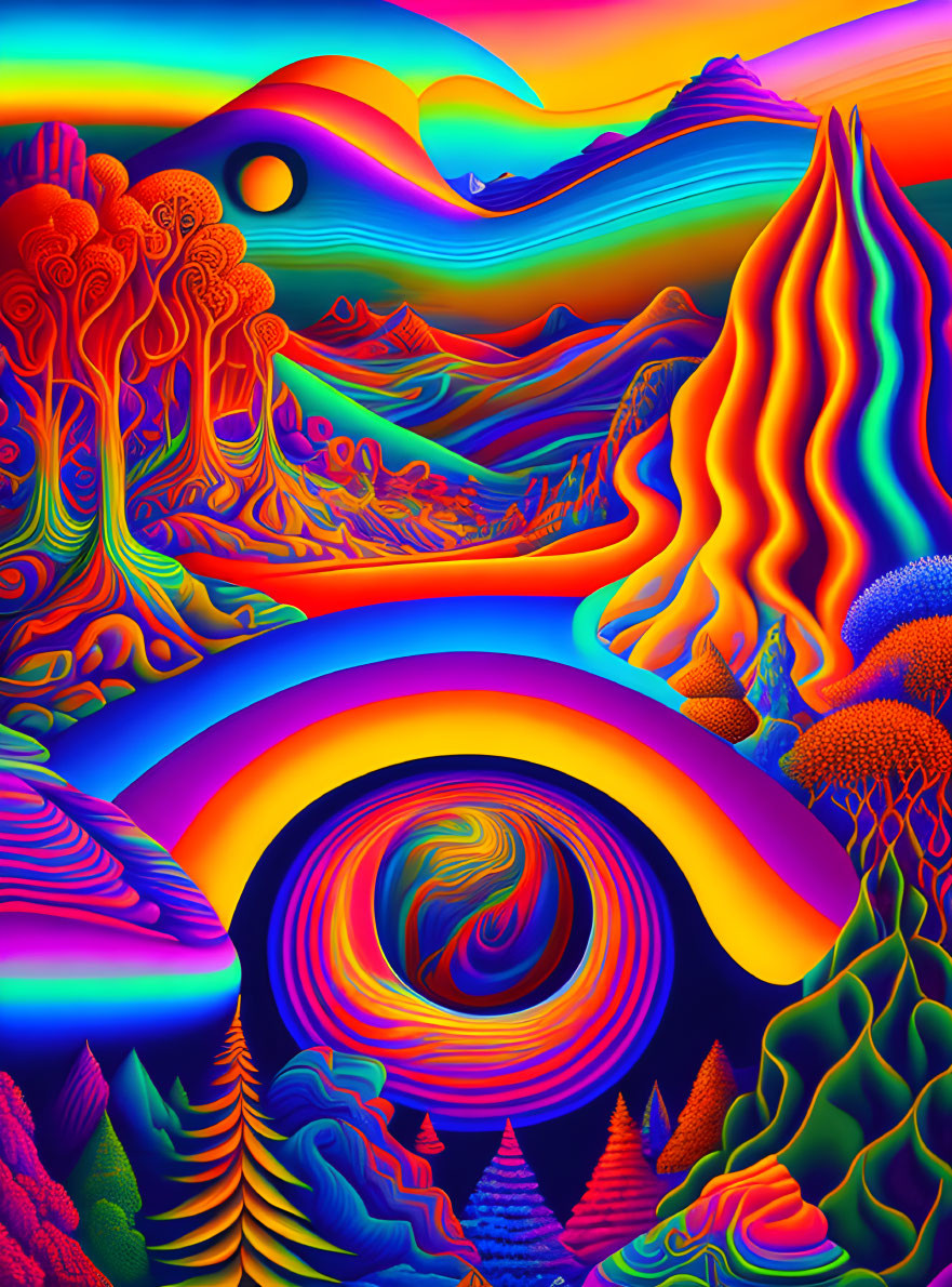 Colorful Psychedelic Landscape with Swirling Patterns and Crescent Moon