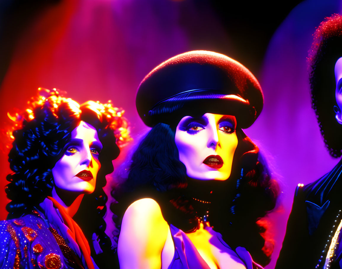 Three performers in dramatic makeup and outfits under vibrant purple and pink lighting