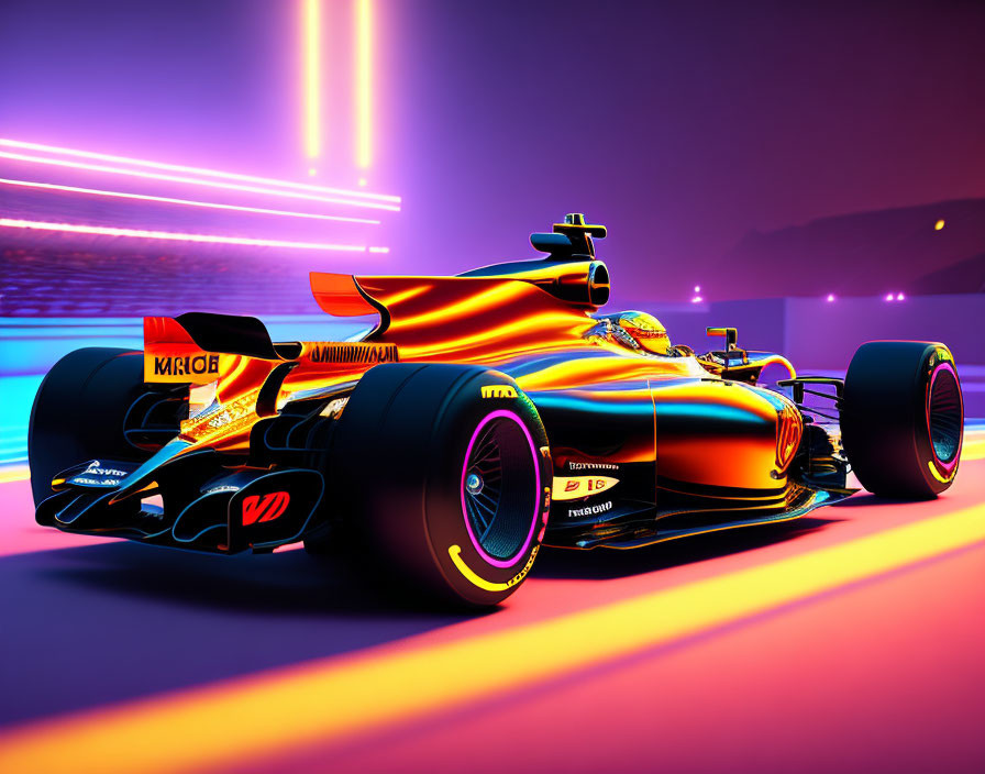 Modern Formula 1 car on futuristic racetrack with neon lighting