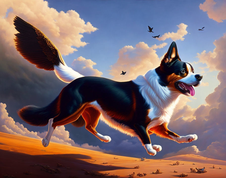 Whimsical painting of a flying dog in sunset sky