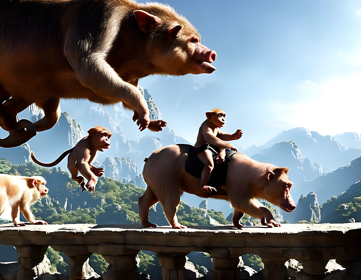 Monkeys on Boars Crossing Stone Bridge in Fantasy Mountain Scene